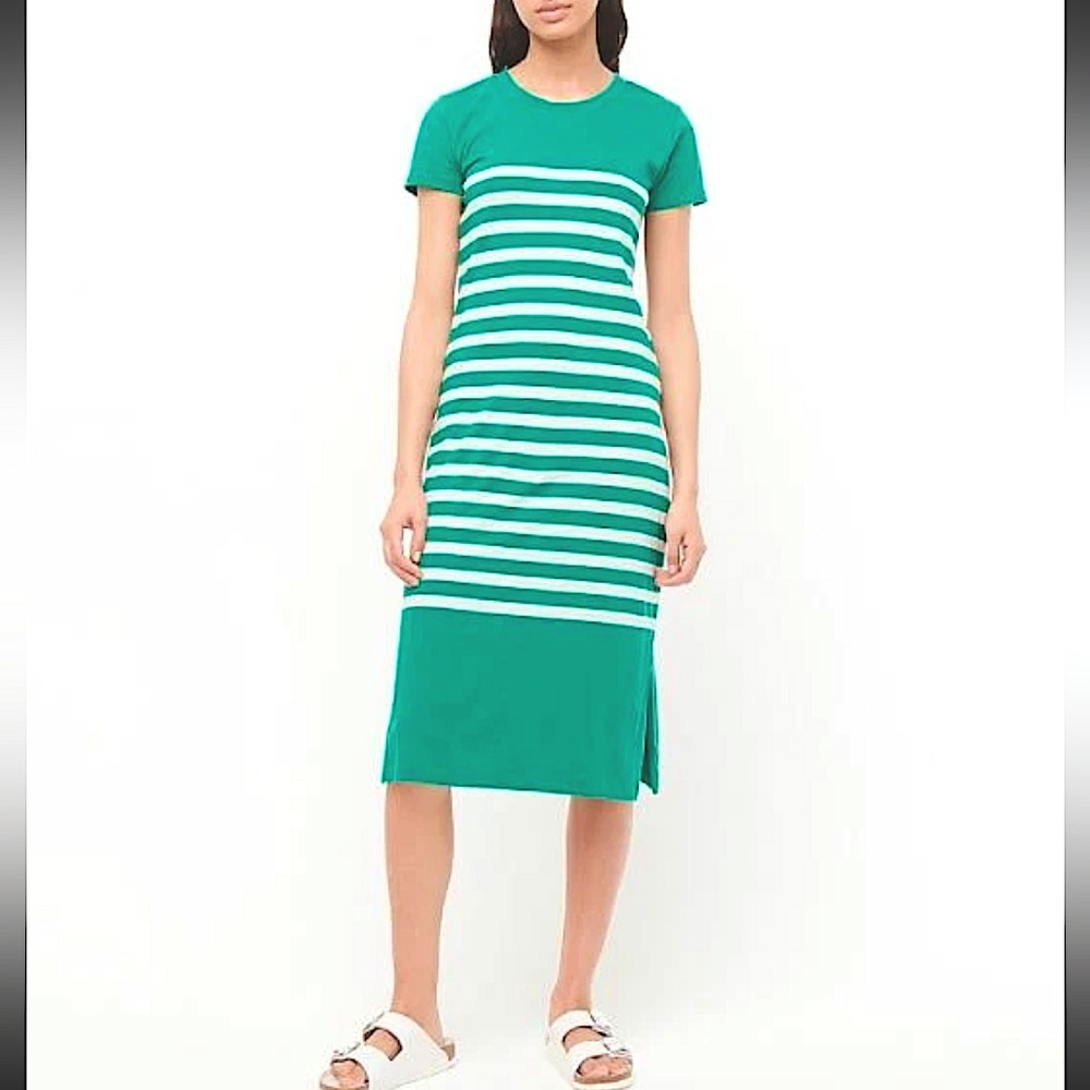 J. Crew Kelly Green and White Striped Midi Tee Dress 100% Cotton Small EUC - Picture 2 of 11